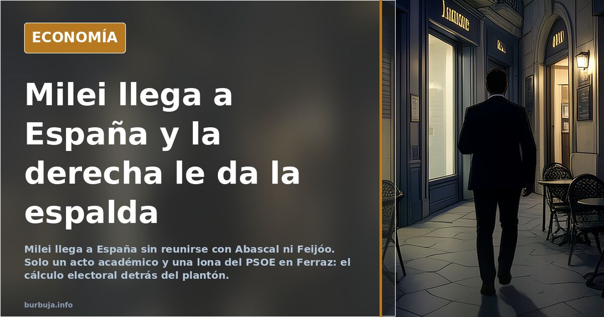 Ilustración editorial de un avión presidencial argentino aterrizando en España con banderas de VOX y PP ausentes en la escena
