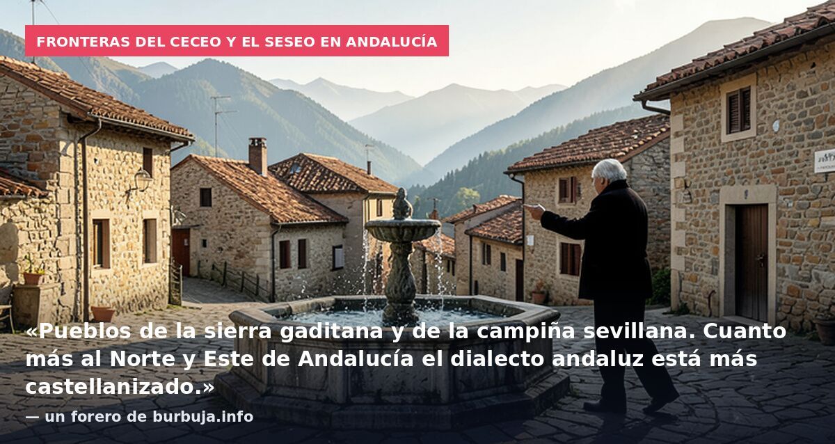 Fronteras del ceceo y el seseo en Andalucía: «Pueblos de la sierra gaditana y de la campiña sevillana. Cuanto más al Norte y Este de Andalucía el dialecto andaluz está más castellanizado.» — un forero de burbuja.info
