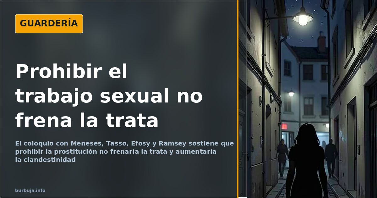 Ilustración de cuatro ponentes en una mesa de debate sobre prostitución, trata y regulación del trabajo sexual