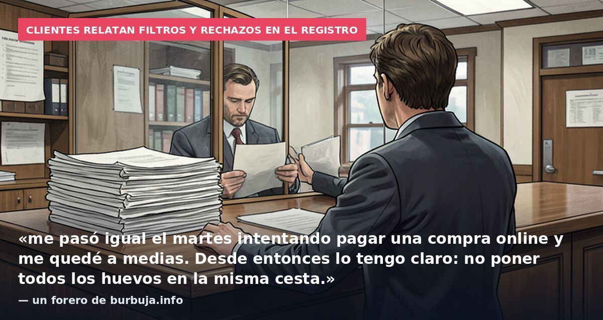 Clientes relatan filtros y rechazos en el registro: «me pasó igual el martes intentando pagar una compra online y me quedé a medias. Desde entonces lo tengo claro: no poner todos los huevos en la misma cesta.» — un forero de burbuja.info