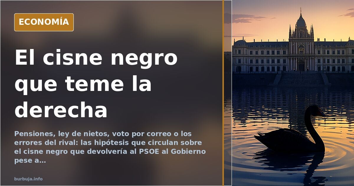 Ilustración editorial de un cisne negro sobre un mapa electoral de España en tonos azul marino y dorado