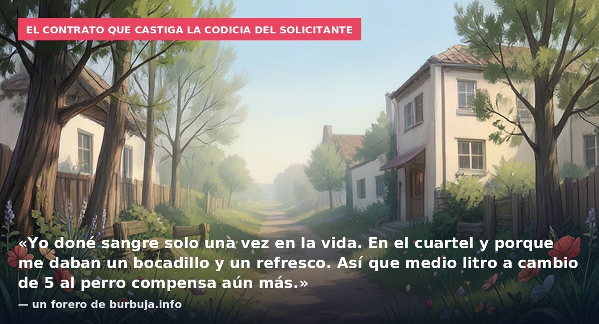 El contrato que castiga la codicia del solicitante: «Yo doné sangre solo una vez en la vida. En el cuartel y porque me daban un bocadillo y un refresco. Así que medio litro a cambio de 5 al perro compensa aún más.» — un forero de burbuja.info