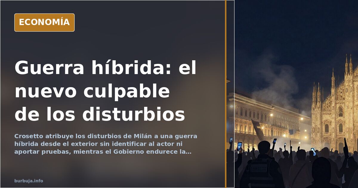 Ilustración editorial de un teléfono móvil proyectando sombras sobre una ciudad italiana en llamas, con la palabra guerra híb