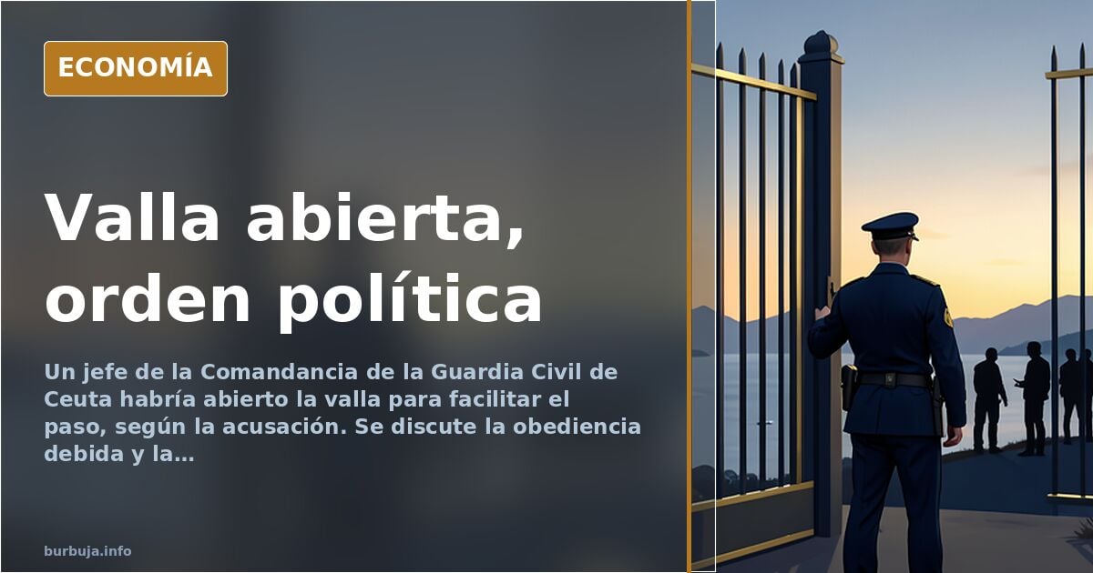 Valla fronteriza de Ceuta con un paso abierto y una torre de vigilancia de la Guardia Civil al fondo