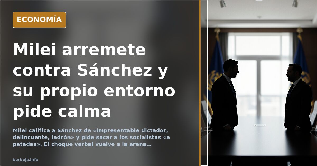 Ilustración editorial de Javier Milei gesticulando en un atril con la bandera de Argentina y España de fondo