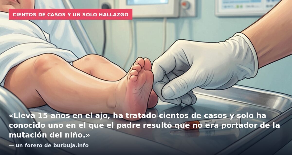 Cientos de casos y un solo hallazgo: «Lleva 15 años en el ajo, ha tratado cientos de casos y solo ha conocido uno en el que el padre resultó que no era portador de la mutación del niño.» — un forero de burbuja.info