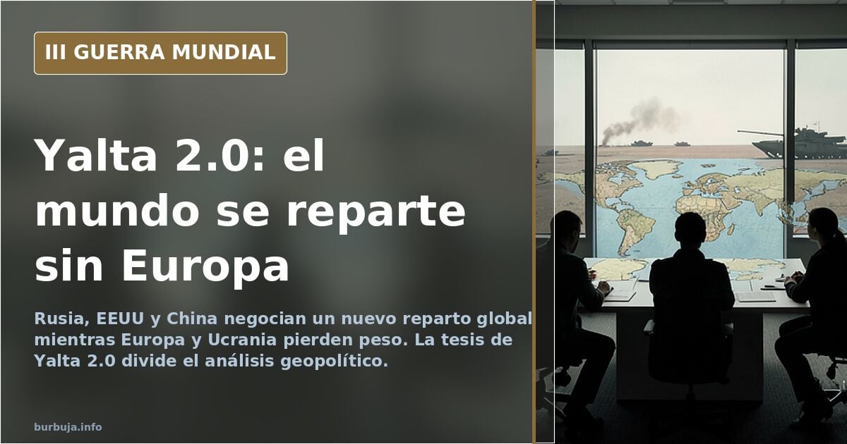 Mapa desaturado del mundo con siluetas de equipamiento militar y humo lejano en el horizonte