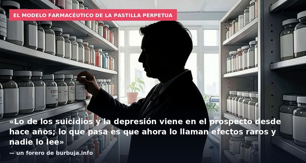 El modelo farmacéutico de la pastilla perpetua: «Lo de los suicidios y la depresión viene en el prospecto desde hace años; lo que pasa es que ahora lo llaman efectos raros y nadie lo lee» — un forero de burbuja.info
