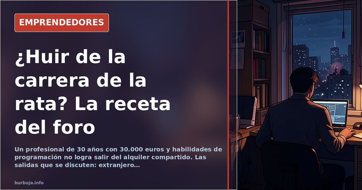 Joven profesional frente a un portátil en una habitación pequeña, simbolizando la precariedad laboral y la búsqueda de salida