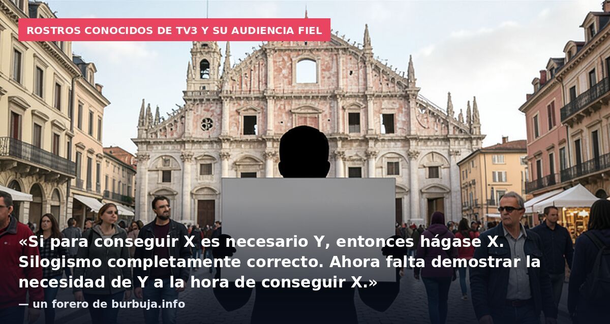 Rostros conocidos de TV3 y su audiencia fiel: «Si para conseguir X es necesario Y, entonces hágase X. Silogismo completamente correcto. Ahora falta demostrar la necesidad de Y a la hora de conseguir X.» — un forero de burbuja.info