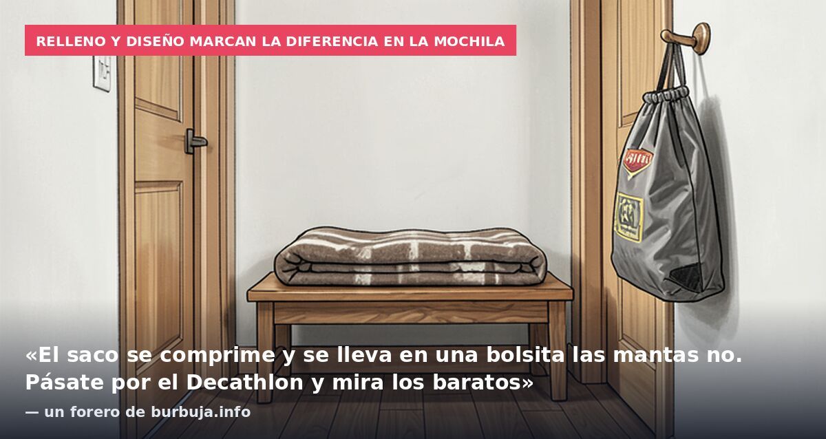 Relleno y diseño marcan la diferencia en la mochila: «El saco se comprime y se lleva en una bolsita las mantas no. Pásate por el Decathlon y mira los baratos» — un forero de burbuja.info