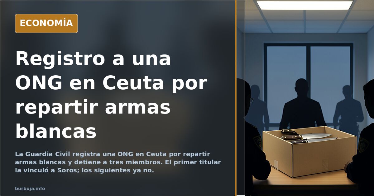 Ilustración editorial de una sede de ONG registrada por la Guardia Civil en Ceuta con material intervenido sobre una mesa