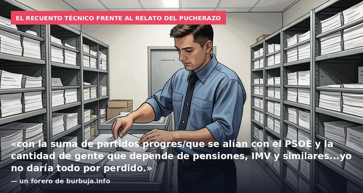 El recuento técnico frente al relato del pucherazo: «con la suma de partidos progres/que se alían con el PSOE y la cantidad de gente que depende de pensiones, IMV y similares...yo no daría todo por perdido.» — un forero de burbuja.info