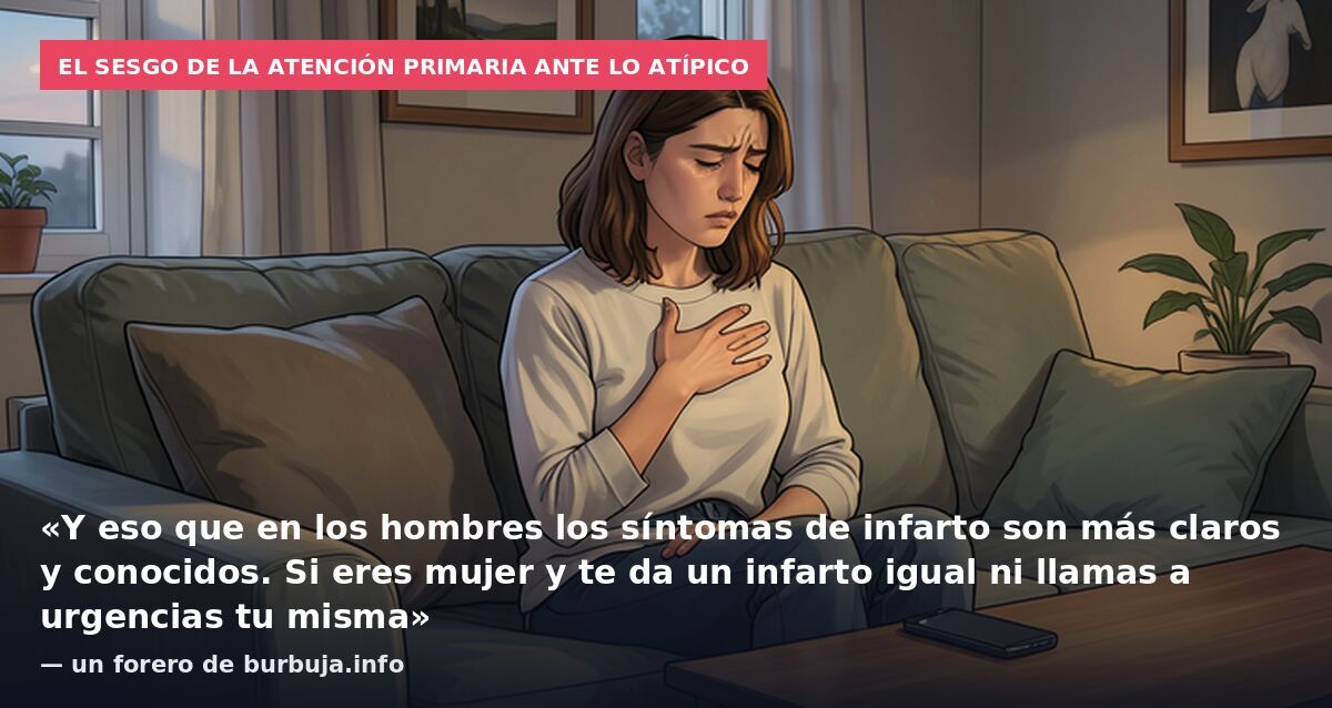 El sesgo de la atención primaria ante lo atípico: «Y eso que en los hombres los síntomas de infarto son más claros y conocidos. Si eres mujer y te da un infarto igual ni llamas a urgencias tu misma» — un forero de burbuja.info