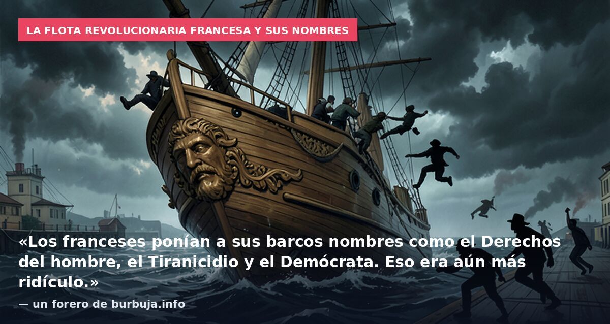 La flota revolucionaria francesa y sus nombres: «Los franceses ponían a sus barcos nombres como el Derechos del hombre, el Tiranicidio y el Demócrata. Eso era aún más ridículo.» — un forero de burbuja.info