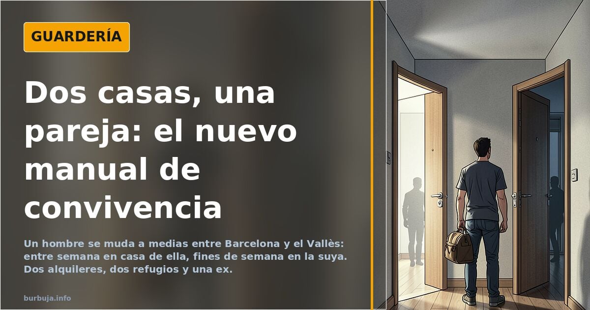 Ilustración de una pareja con dos casas separadas y una maleta entre ambas, simbolizando la convivencia en pisos distintos