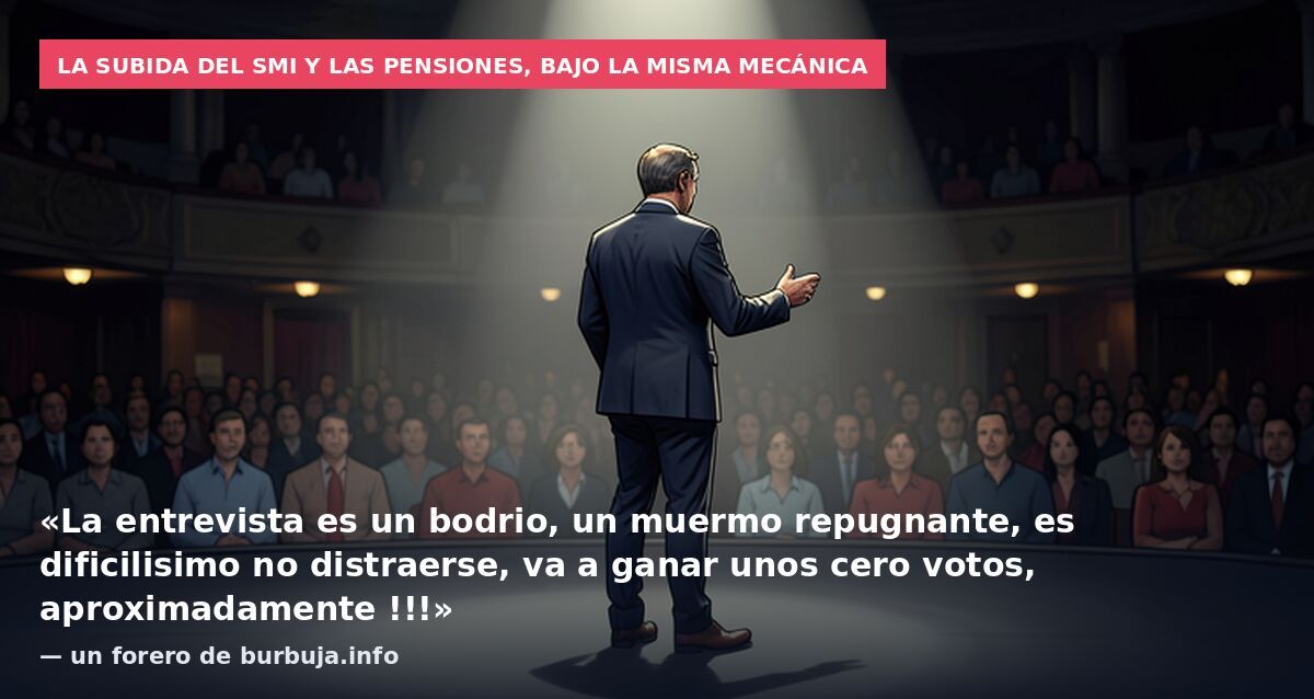 La subida del SMI y las pensiones, bajo la misma mecánica: «La entrevista es un bodrio, un muermo repugnante, es dificilisimo no distraerse, va a ganar unos cero votos, aproximadamente !!!» — un forero de burbuja.info