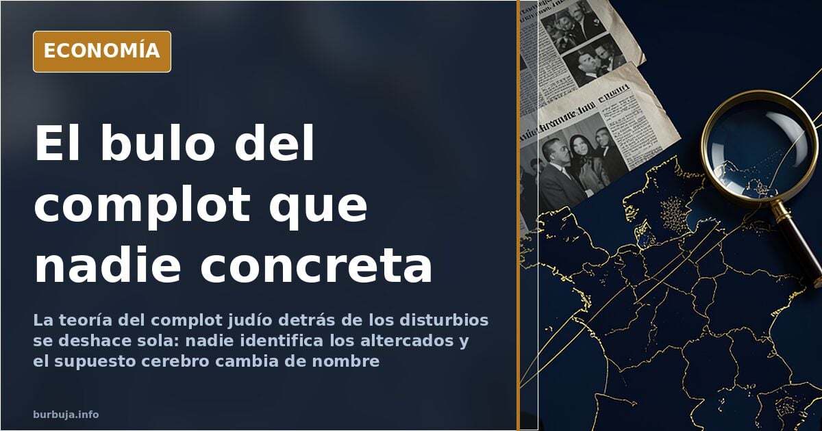 Ilustración editorial de recortes de prensa y líneas de conexión sobre disturbios y teorías de la conspiración