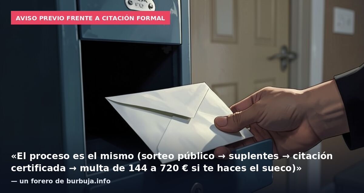 Aviso previo frente a citación formal: «El proceso es el mismo (sorteo público → suplentes → citación certificada → multa de 144 a 720 € si te haces el sueco)» — un forero de burbuja.info