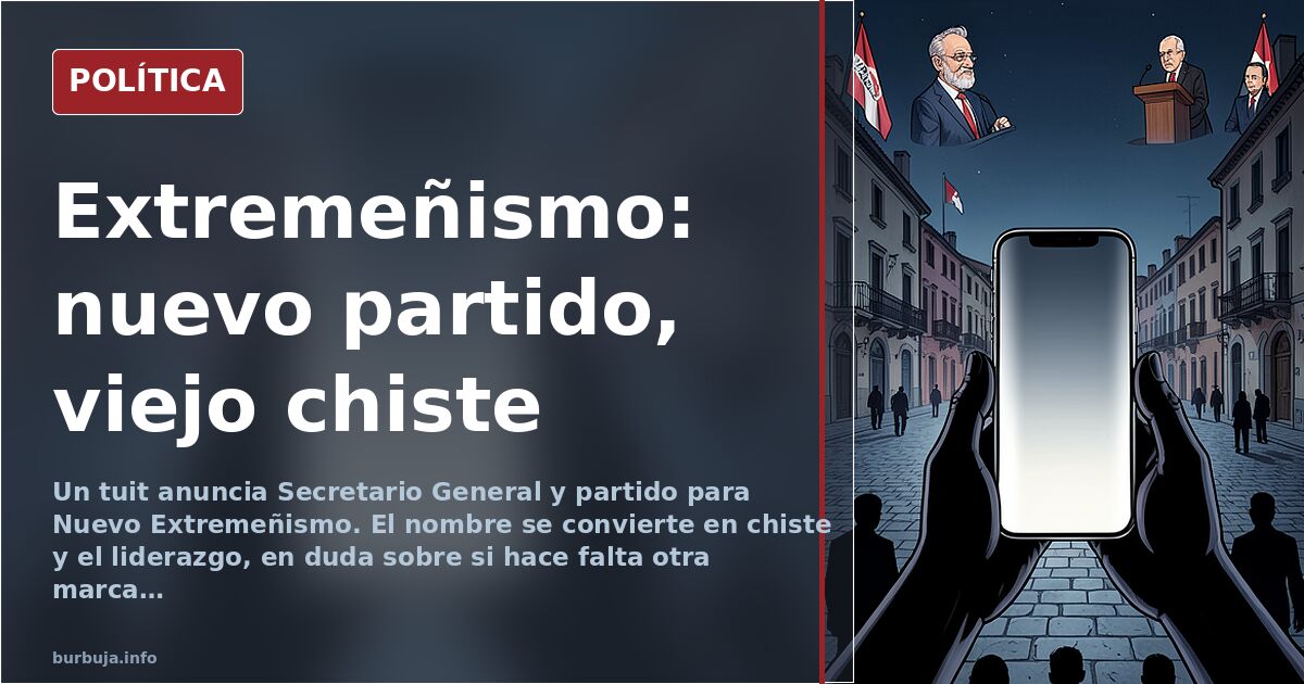 Ilustración editorial de un atril con bandera regional y una hoz de juguete, símbolo del nuevo partido extremeñista