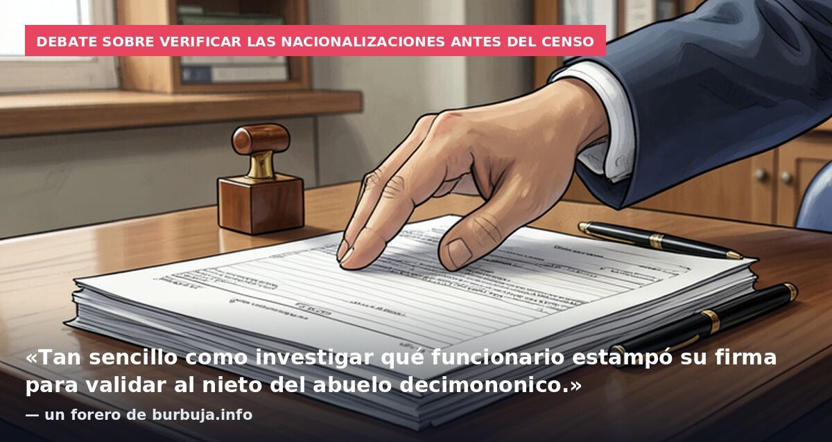 Debate sobre verificar las nacionalizaciones antes del censo: «Tan sencillo como investigar qué funcionario estampó su firma para validar al nieto del abuelo decimononico.» — un forero de burbuja.info