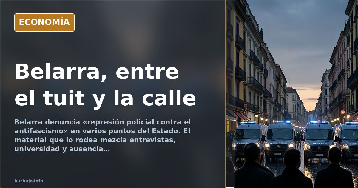 Ilustración editorial de una figura femenina ante micrófonos y pantallas con mensajes superpuestos en azul marino y dorado