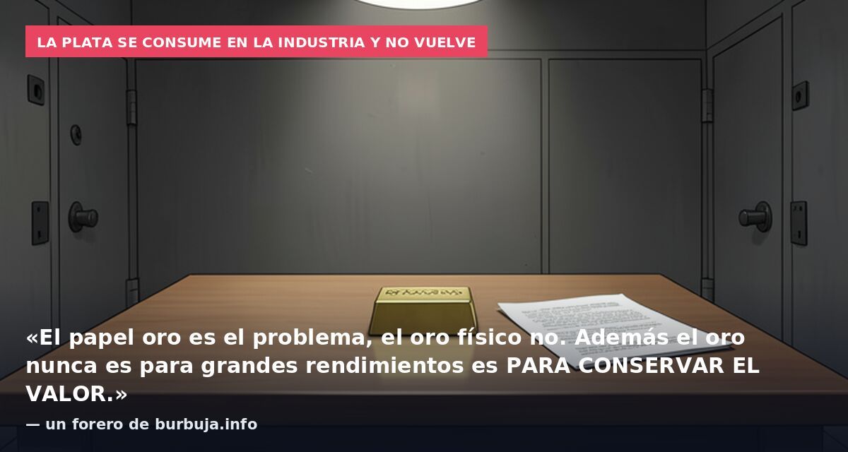 La plata se consume en la industria y no vuelve: «El papel oro es el problema, el oro físico no. Además el oro nunca es para grandes rendimientos es PARA CONSERVAR EL VALOR.» — un forero de burbuja.info