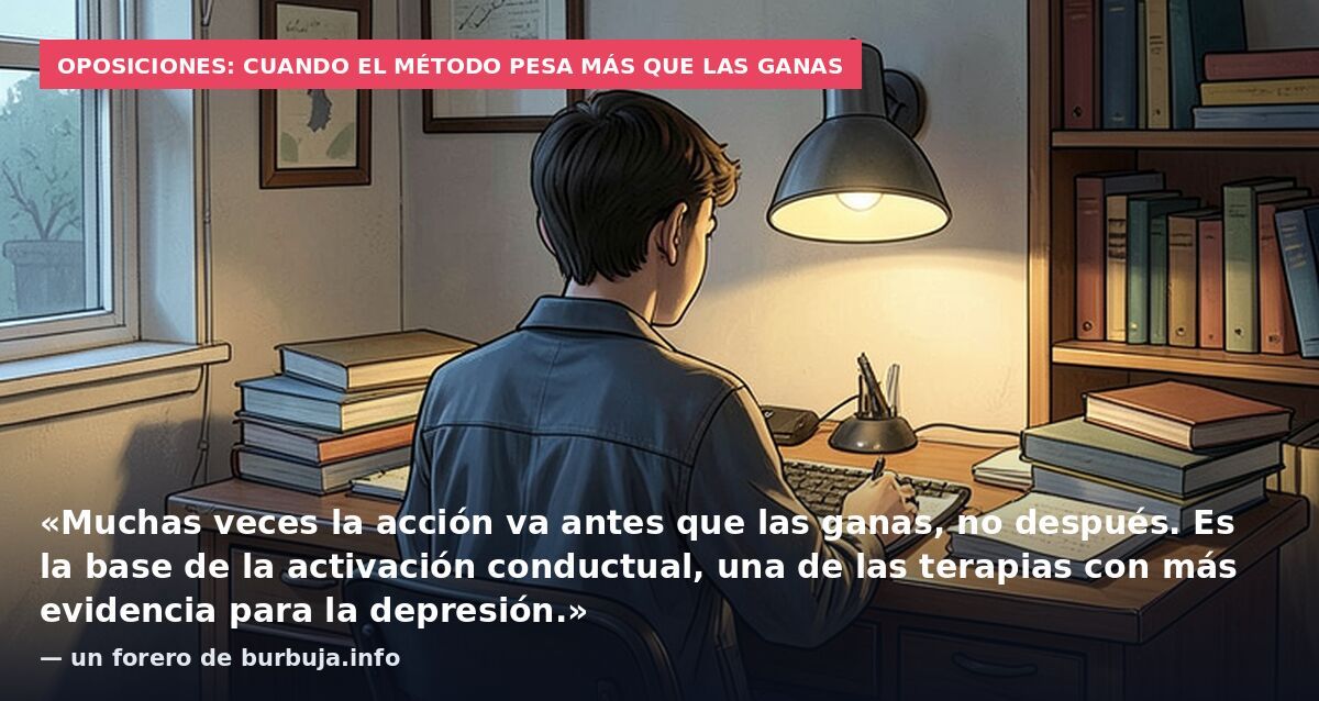 Oposiciones: cuando el método pesa más que las ganas: «Muchas veces la acción va antes que las ganas, no después. Es la base de la activación conductual, una de las terapias con más evidencia para la depresión.» — un forero de burbuja.info
