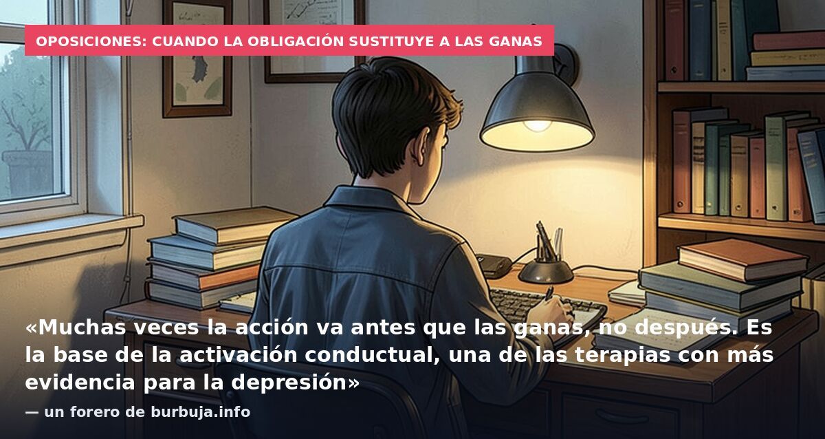 Oposiciones: cuando la obligación sustituye a las ganas: «Muchas veces la acción va antes que las ganas, no después. Es la base de la activación conductual, una de las terapias con más evidencia para la depresión» — un forero de burbuja.info
