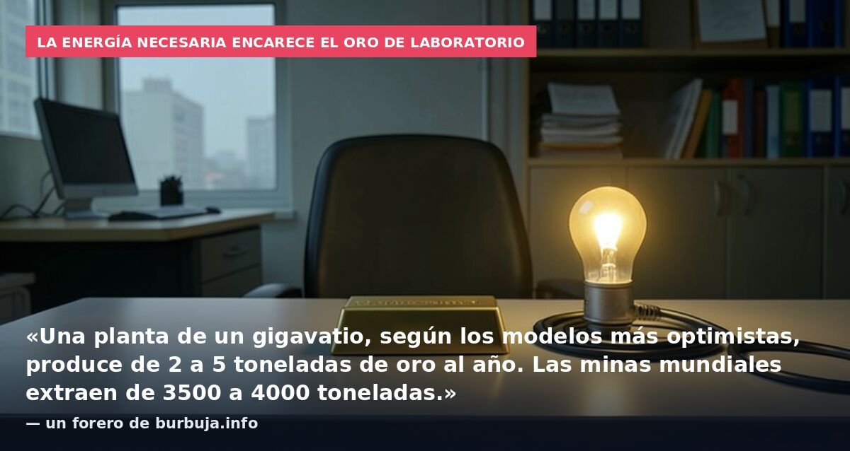 La energía necesaria encarece el oro de laboratorio: «Una planta de un gigavatio, según los modelos más optimistas, produce de 2 a 5 toneladas de oro al año. Las minas mundiales extraen de 3500 a 4000 toneladas.» — un forero de burbuja.info