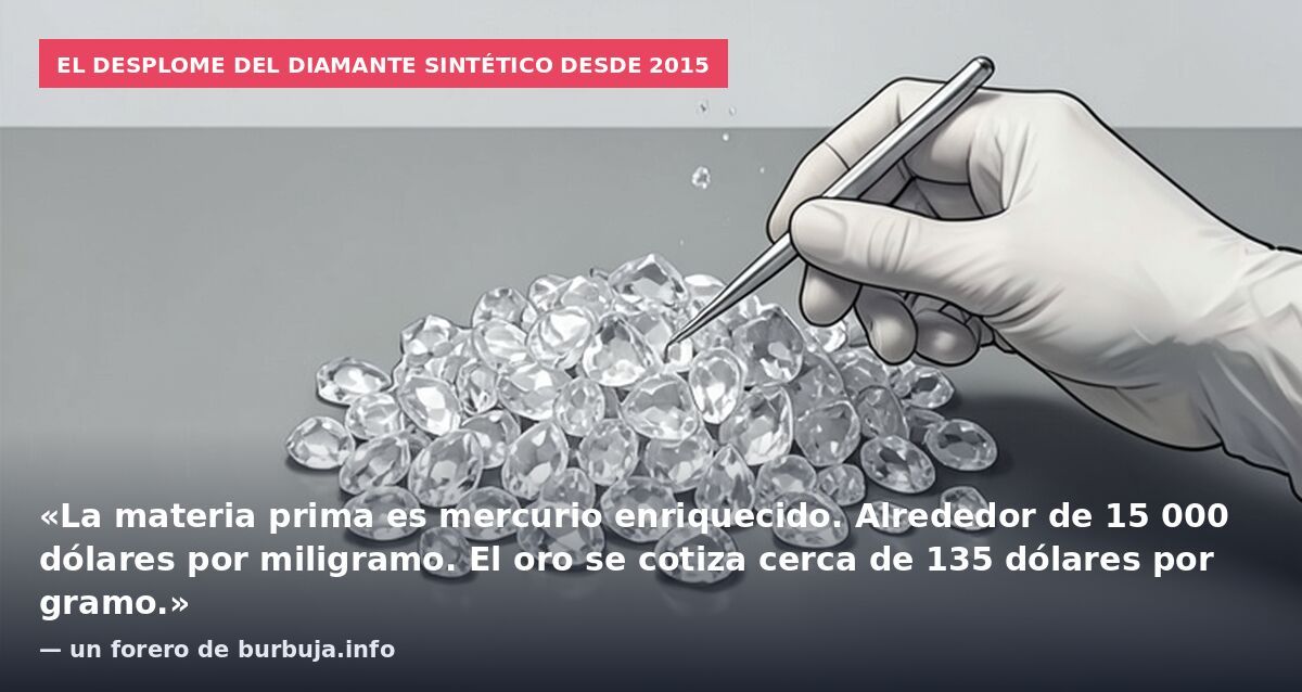 El desplome del diamante sintético desde 2015: «La materia prima es mercurio enriquecido. Alrededor de 15 000 dólares por miligramo. El oro se cotiza cerca de 135 dólares por gramo.» — un forero de burbuja.info