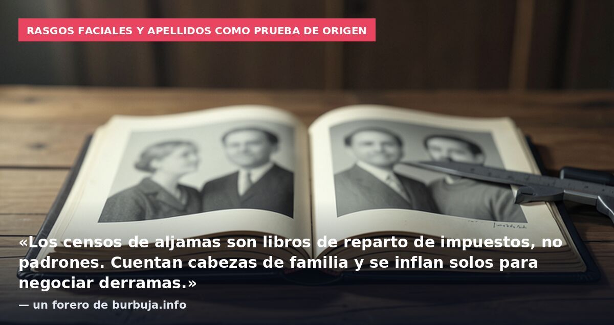 Rasgos faciales y apellidos como prueba de origen: «Los censos de aljamas son libros de reparto de impuestos, no padrones. Cuentan cabezas de familia y se inflan solos para negociar derramas.» — un forero de burbuja.info