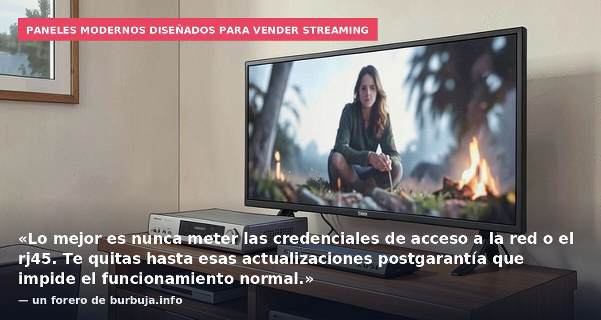 Paneles modernos diseñados para vender streaming: «Lo mejor es nunca meter las credenciales de acceso a la red o el rj45. Te quitas hasta esas actualizaciones postgarantía que impide el funcionamiento normal.» — un forero de burbuja.info