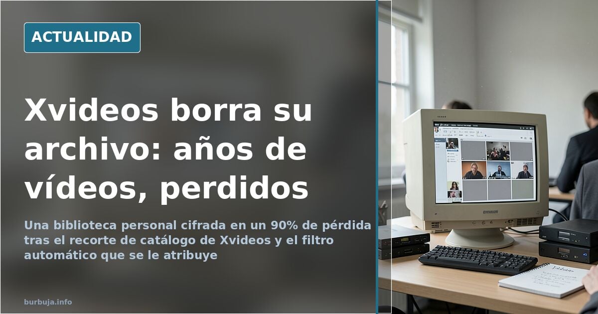 Pantalla de ordenador con el catálogo de Xvideos y filas de vídeos en gris sobre una biblioteca digital a medio vaciar