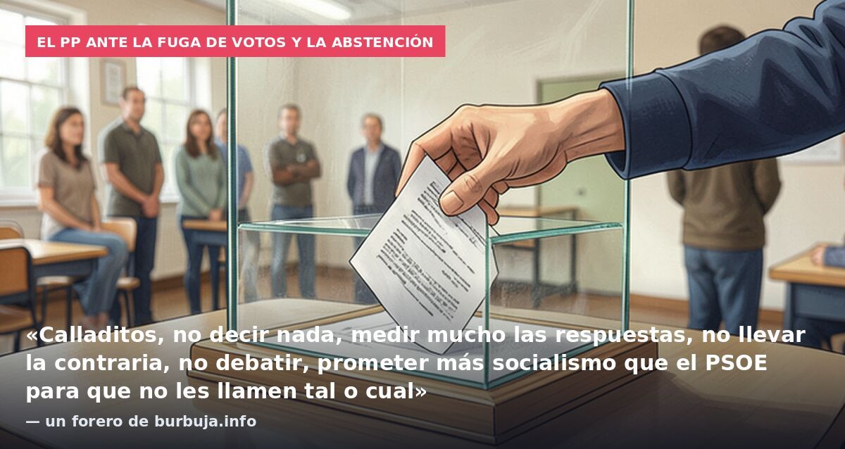 El PP ante la fuga de votos y la abstención: «Calladitos, no decir nada, medir mucho las respuestas, no llevar la contraria, no debatir, prometer más socialismo que el PSOE para que no les llamen tal o cual» — un forero de burbuja.info