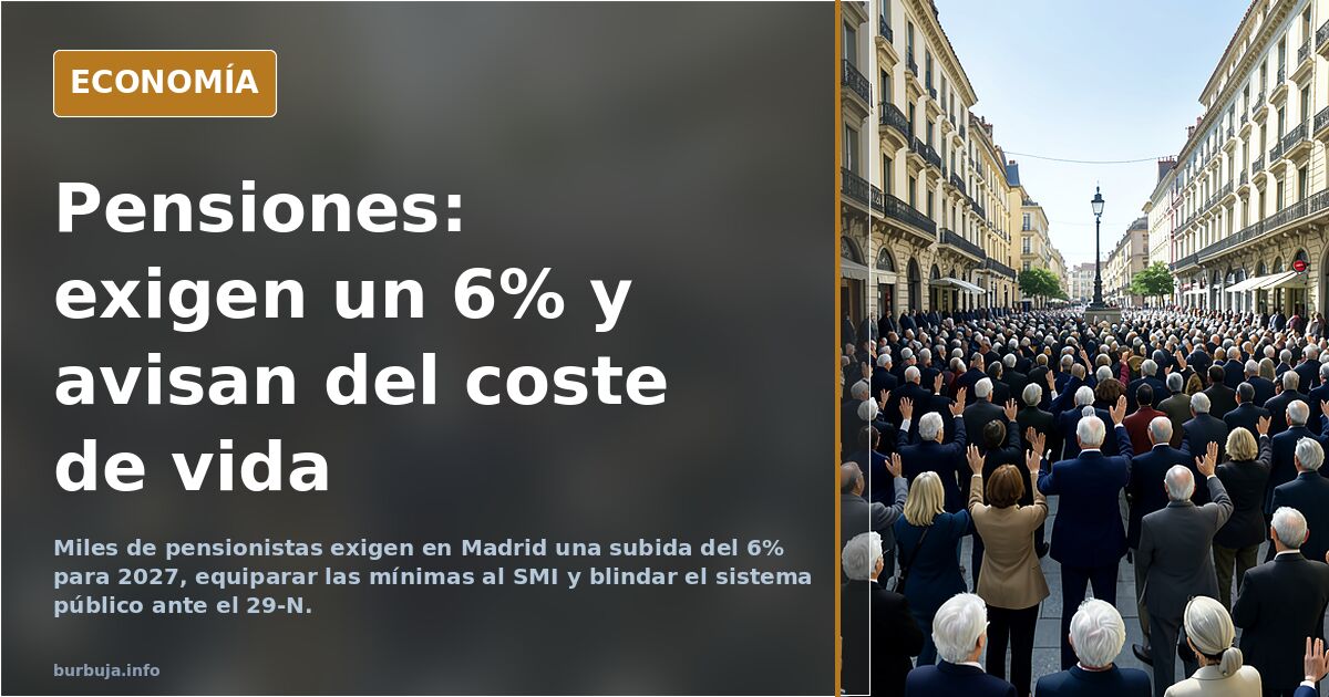 Manifestación de pensionistas en Madrid con pancartas reclamando una subida de las pensiones del 6% y el blindaje del sistema