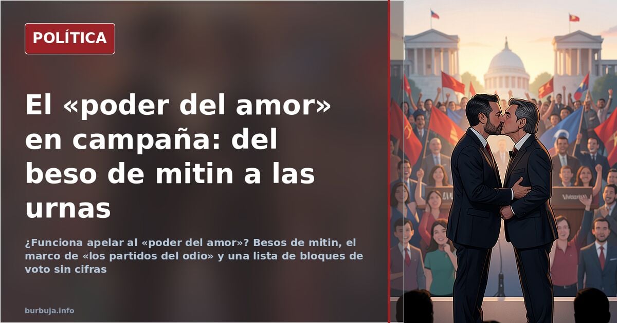 Pareja en el escenario de un mitin, con banderas y un atril al fondo