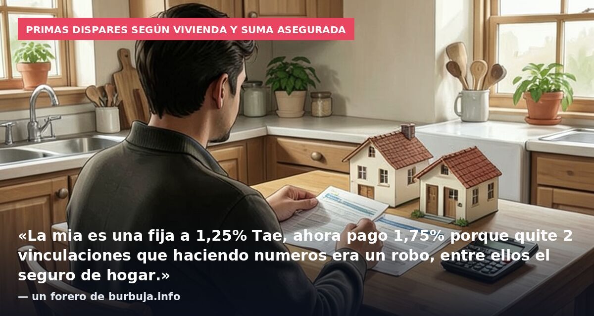 Primas dispares según vivienda y suma asegurada: «La mia es una fija a 1,25% Tae, ahora pago 1,75% porque quite 2 vinculaciones que haciendo numeros era un robo, entre ellos el seguro de hogar.» — un forero de burbuja.info