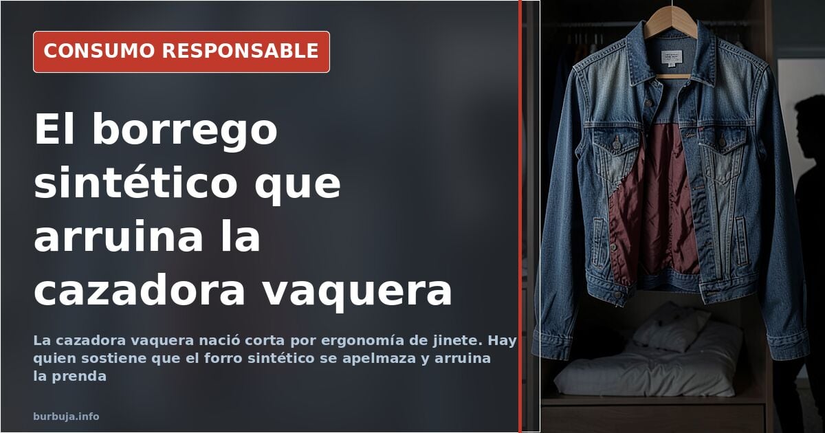 Cazadora vaquera azul con forro de borrego claro colgada, mostrando el corte corto a la cintura y las costuras en V de la Typ