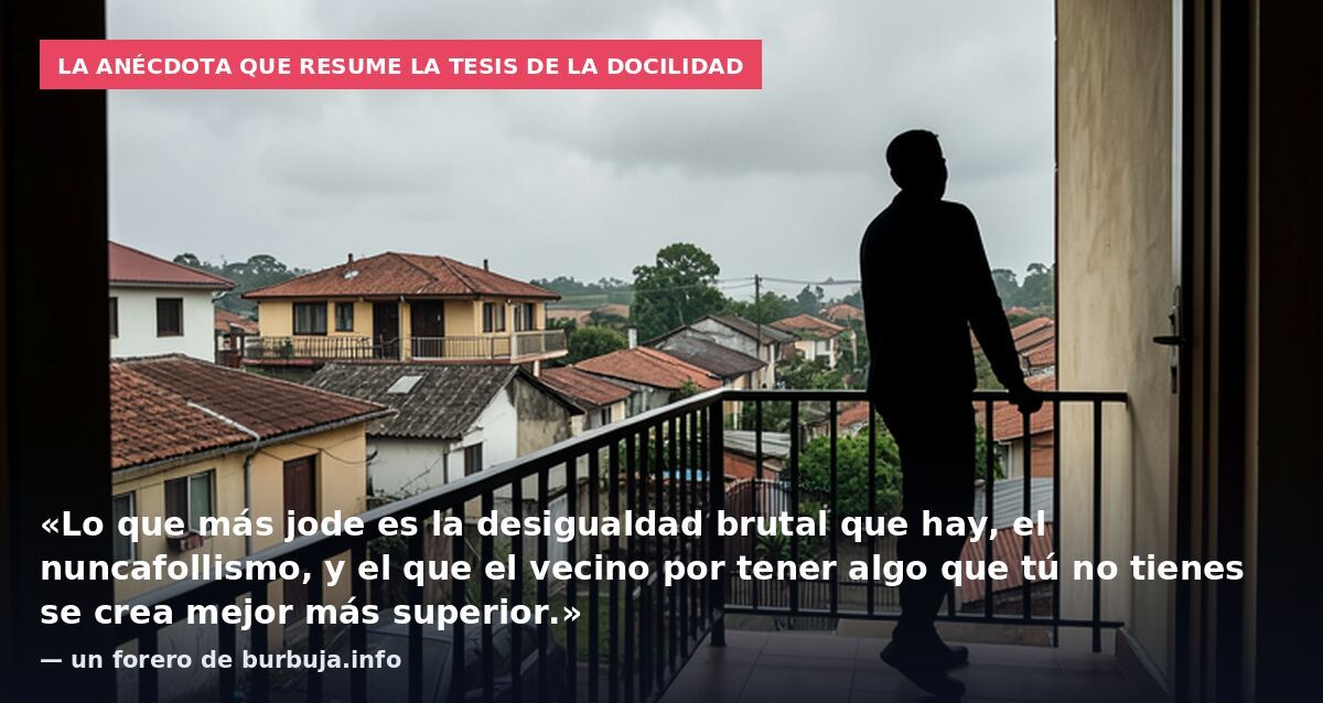 La anécdota que resume la tesis de la docilidad: «Lo que más jode es la desigualdad brutal que hay, el nuncafollismo, y el que el vecino por tener algo que tú no tienes se crea mejor más superior.» — un forero de burbuja.info