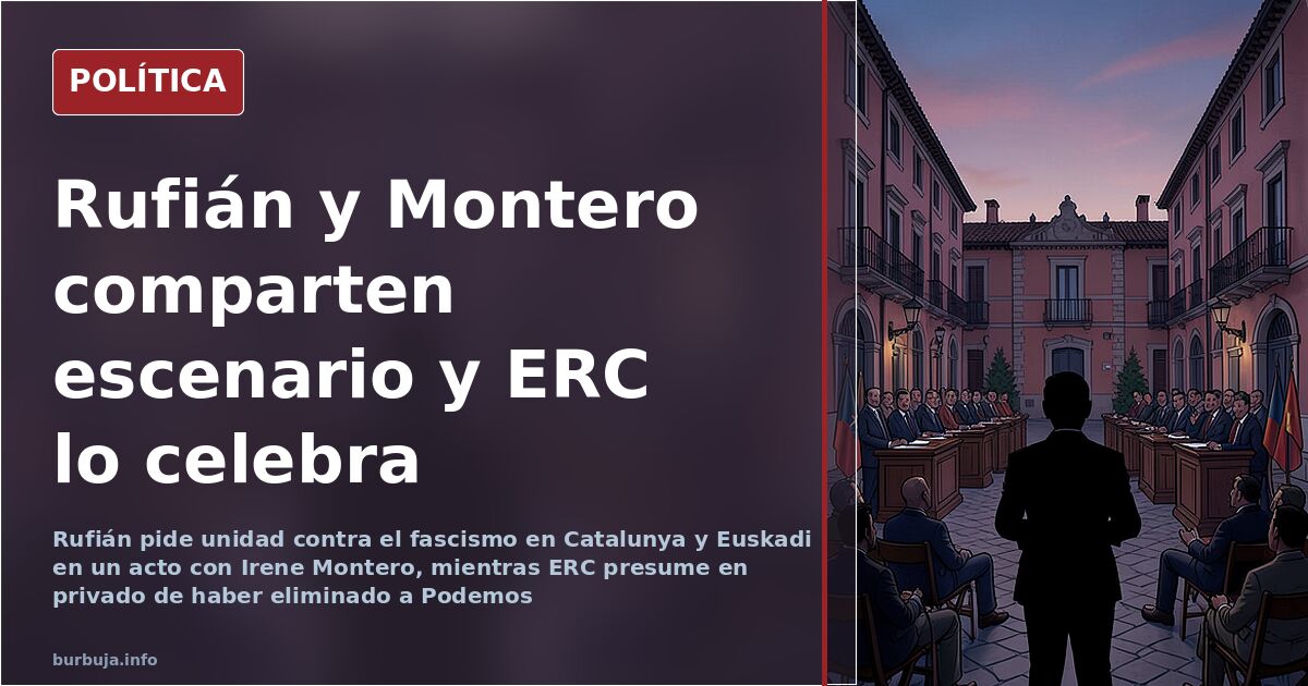 Caricatura editorial de Rufián e Irene Montero en un atril compartido ante banderas de ERC y Podemos