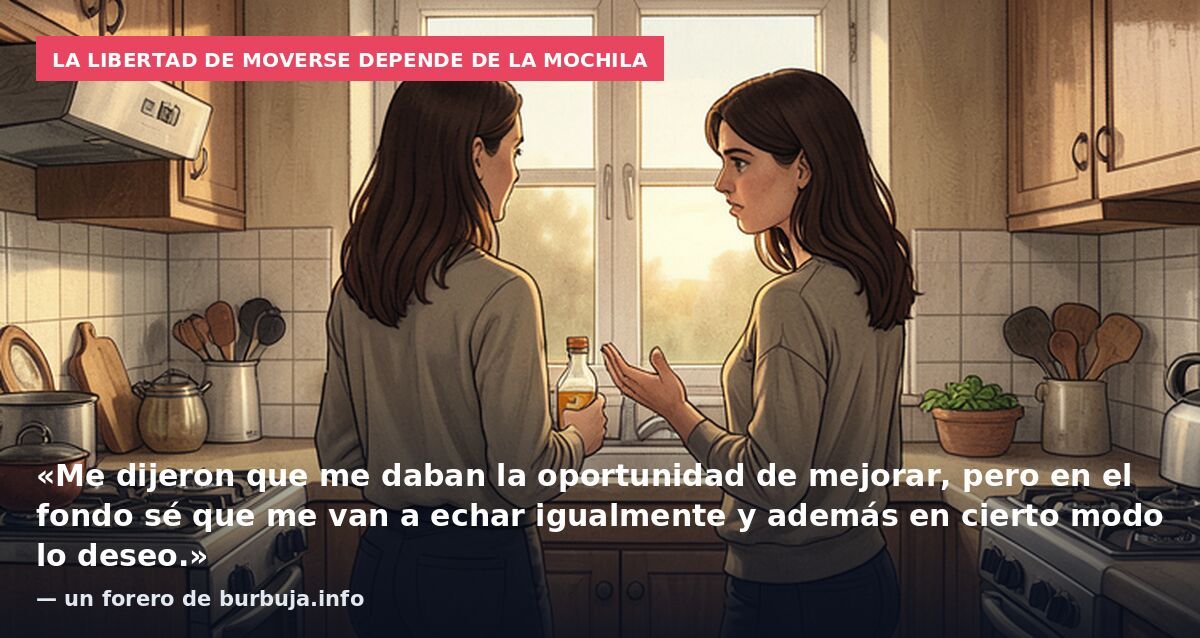La libertad de moverse depende de la mochila: «Me dijeron que me daban la oportunidad de mejorar, pero en el fondo sé que me van a echar igualmente y además en cierto modo lo deseo.» — un forero de burbuja.info