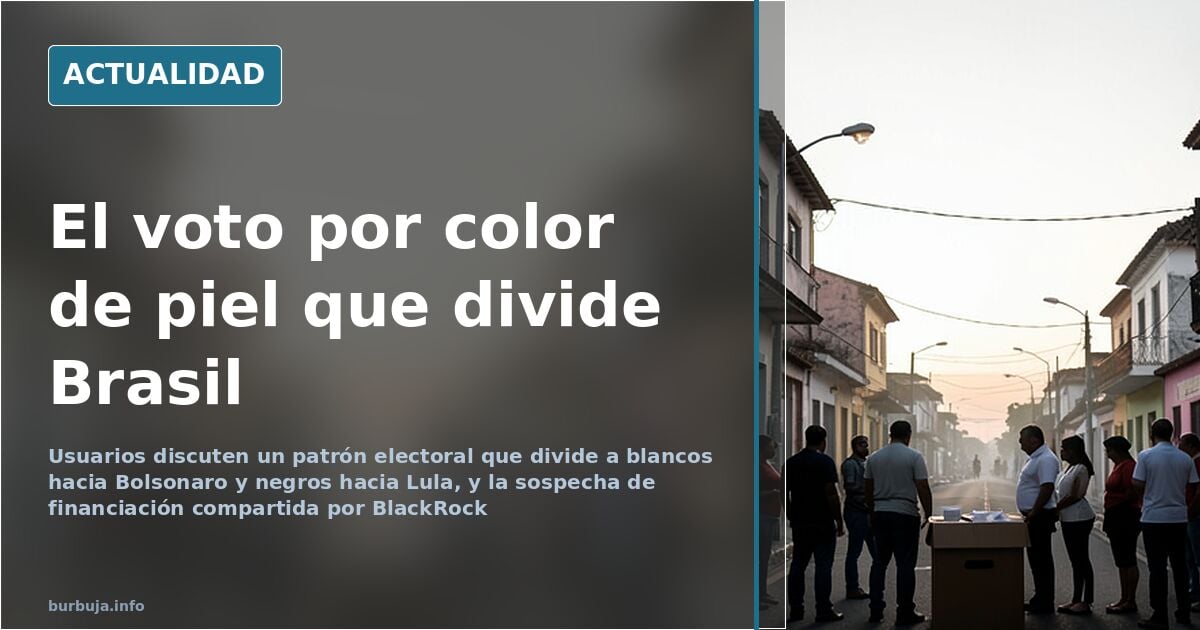 Mapa electoral de Brasil con distritos coloreados según el voto a Bolsonaro o Lula, mostrando la brecha racial