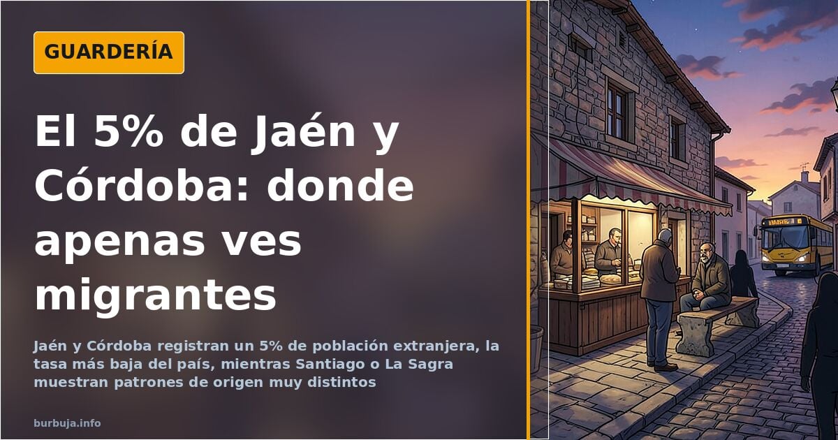 Calle de un pueblo de la provincia de Jaén con una panadería y pocos vecinos, ilustración sobre población extranjera en Españ