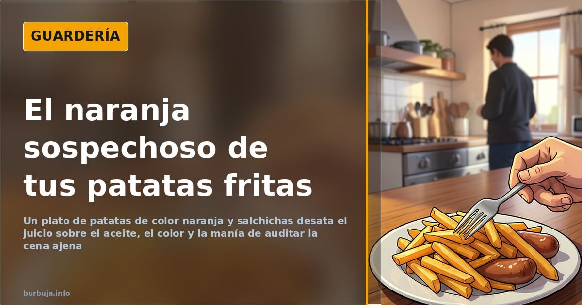 Patatas fritas de tono anaranjado junto a salchichas, en la imagen que originó la conversación