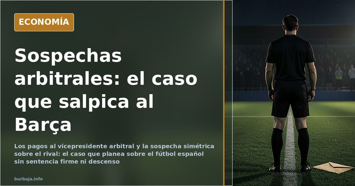 Ilustración editorial de un estadio de fútbol vacío con un balón sobre una balanza y documentos apilados