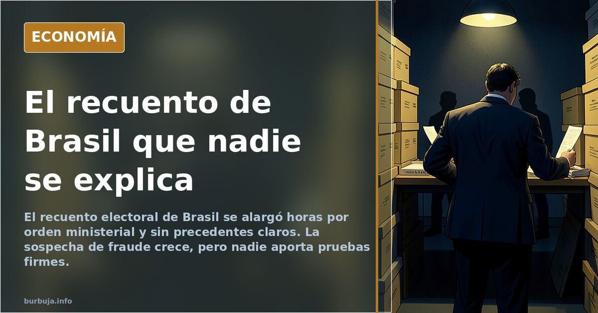Ilustración editorial de una urna electoral brasileña partida en dos mitades sobre fondo azul marino y dorado