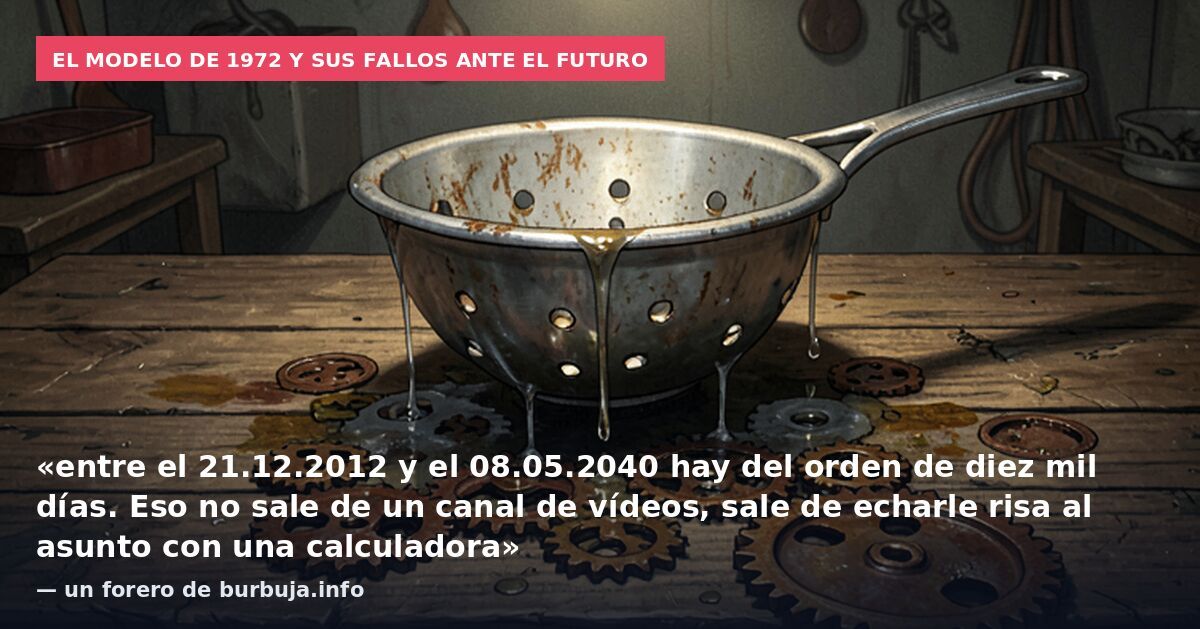 El modelo de 1972 y sus fallos ante el futuro: «entre el 21.12.2012 y el 08.05.2040 hay del orden de diez mil días. Eso no sale de un canal de vídeos, sale de echarle risa al asunto con una calculadora» — un forero de burbuja.info