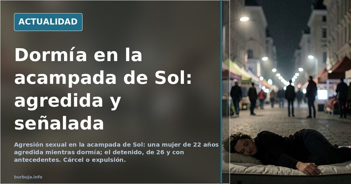 Tienda de campaña en una plaza urbana durante una acampada, con mantas y carteles, escena de la agresión sexual denunciada en