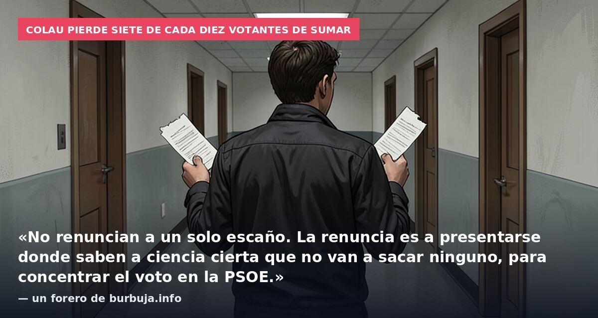 Colau pierde siete de cada diez votantes de Sumar: «No renuncian a un solo escaño. La renuncia es a presentarse donde saben a ciencia cierta que no van a sacar ninguno, para concentrar el voto en la PSOE.» — un forero de burbuja.info